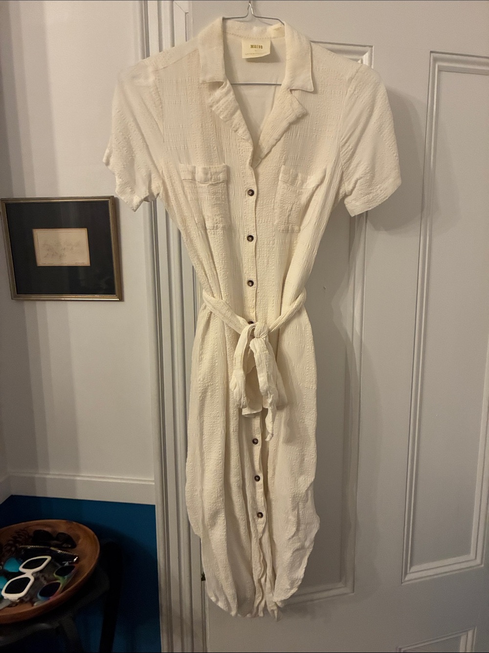 Anthropologie Cream Textured Button-Front Midi Dress with Tie Waist